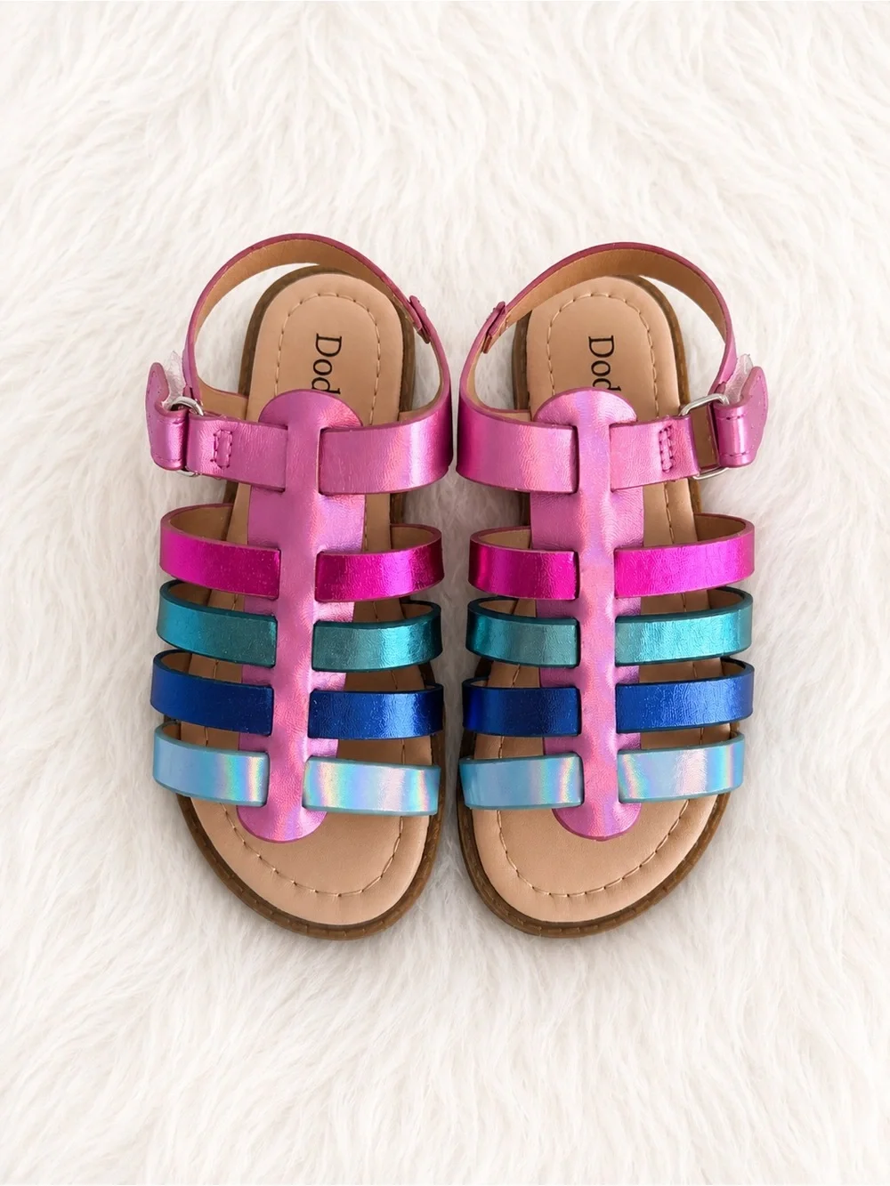 NWT Sz 11 Sandals, Metallic Multi-color Pink Blue Multi-Strap Velcro Closure